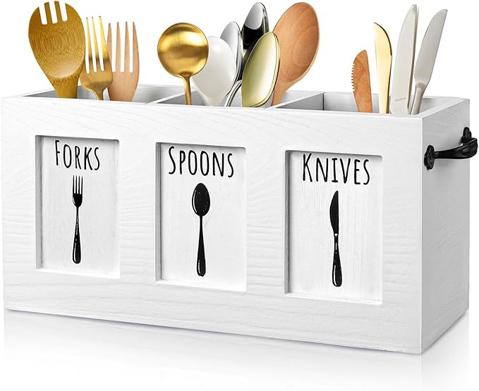 MINCORD Wood Flatware Organizer, Rustic Utensil & Silverware Holder for Forks, Spoons, Knives, Farmhouse Kitchen Cutlery Caddy Bin Countertop - White