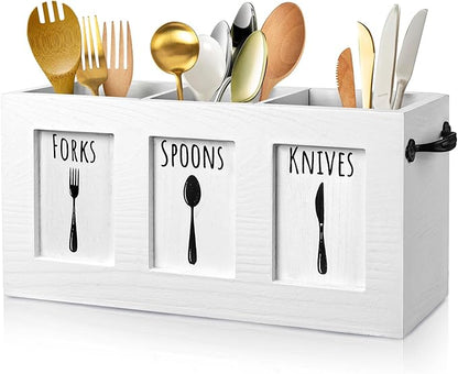 MINCORD Wood Flatware Organizer, Rustic Utensil & Silverware Holder for Forks, Spoons, Knives, Farmhouse Kitchen Cutlery Caddy Bin Countertop - White
