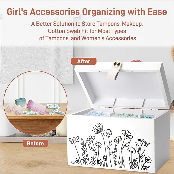 100% Solid Wood Tampon Holder Box with Lid, Copper Leather Pull, Absolute Real Wood Bathroom Decorative Box for Feminine Product Storage and Accessories such as Tampons, Cotton Balls, Gifts for Women