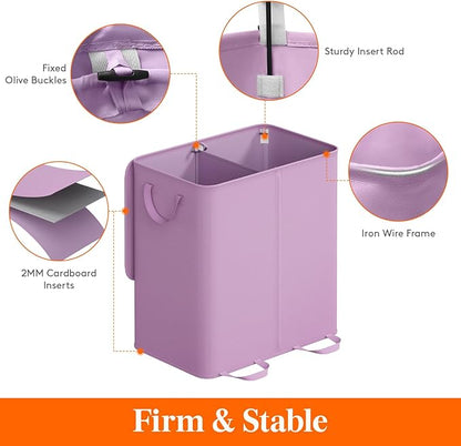 Lifewit Double Laundry Hamper with Lid and Removable Laundry Bags, Large Collapsible 2 Dividers Dirty Clothes Basket with Handles for Bedroom Laundry Room Closet Bathroom College, 136L Purple