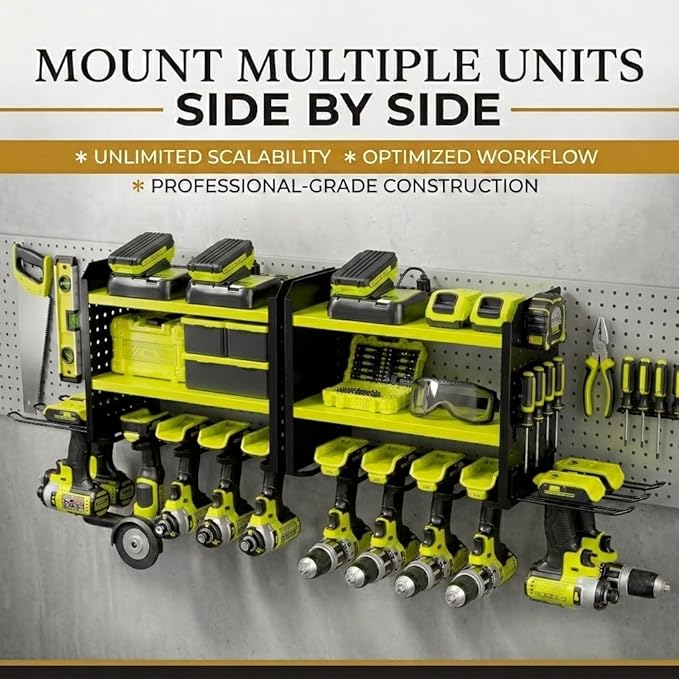 BUILTSTRONG Power Tool Organizer Wall Mount – 3-Tier Heavy-Duty Steel Rack, 6 Drill Slots, Dual Pegboard Sides, Side-by-Side Modular, 100 lb Capacity – Garage & Workshop (Green)