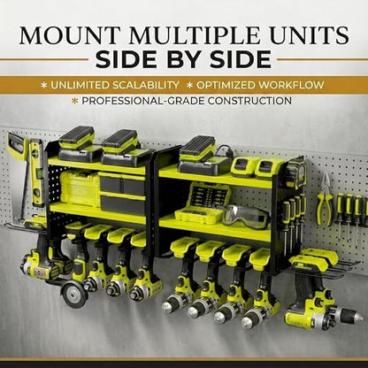 BUILTSTRONG Power Tool Organizer Wall Mount – 3-Tier Heavy-Duty Steel Rack, 6 Drill Slots, Dual Pegboard Sides, Side-by-Side Modular, 100 lb Capacity – Garage & Workshop (Green)