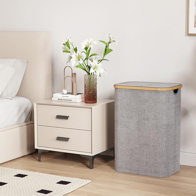 Lifewit 80L Laundry Basket with Lid, Clothes Hampers for Laundry with Bamboo Handles and 1 Removable Bag, Large Foldable Laundry Hamper for Bedroom, Bathroom, Dorm, Laundry Room, Light Gray