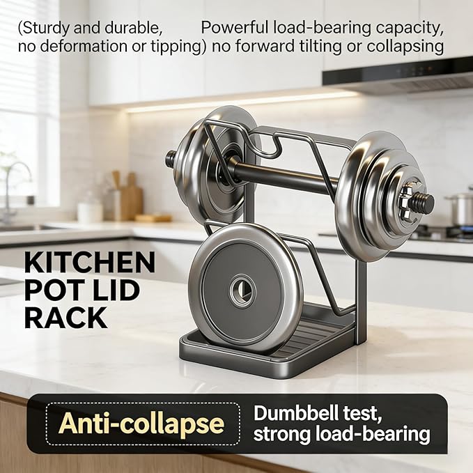Kitchen Pot Lid Storage Rack, Double Layer Pot Lid Holder Organizer Rack & Holders While Cooking, Multifunctional Pot Lid Organizer with Removable Drip Tray for Countertop