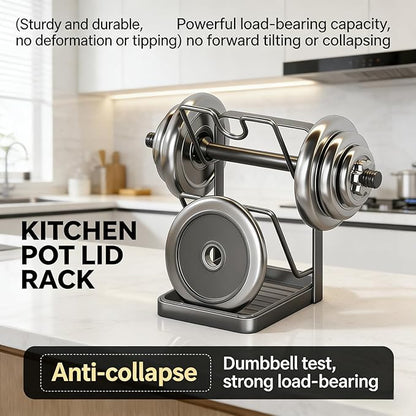 Kitchen Pot Lid Storage Rack, Double Layer Pot Lid Holder Organizer Rack & Holders While Cooking, Multifunctional Pot Lid Organizer with Removable Drip Tray for Countertop