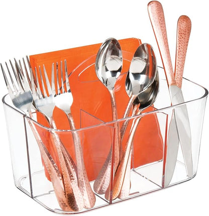 mDesign Plastic Cutlery Storage Organizer Caddy Bin Tote with Handle - Kitchen Cabinet Divided Pantry Basket for Forks, Knives, Spoons, Napkins, Indoor/Outdoor Use, Lumiere Collection, Clear | Caddy Bin