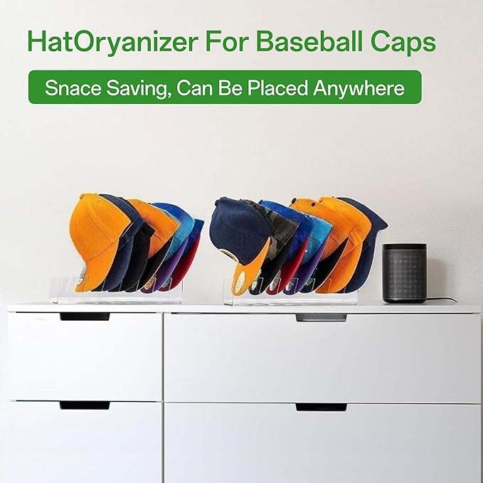 Hat Organizer for Baseball Caps, No Install Acrylic Hat Rack & Holder, 2-Pack Clear Storage Stand Holds 14 Hats for Closet, Bedroom Display