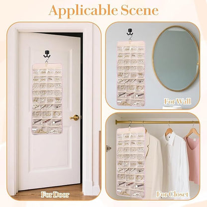 Hanging Jewelry Organizer Storage Roll with Hanger Metal Hooks Double-Sided Jewelry Holder for Earrings, Necklaces, Rings on Closet, Wall, Door,Large 14.17' x 33.07'',pink
