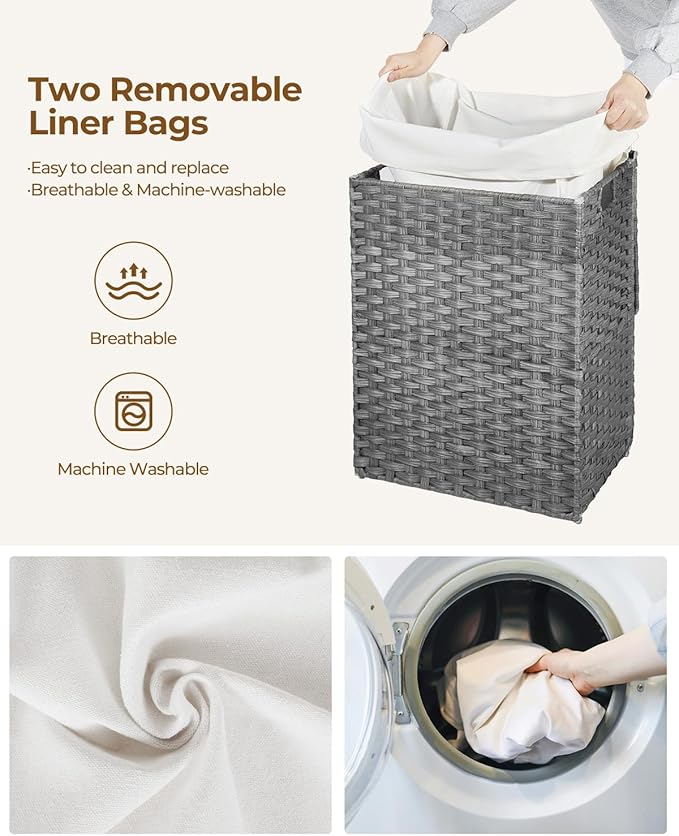 Greenstell Laundry Hamper with Lid, 90L Clothes Hamper with 2 Removable Liner Bags & 2 Mesh Laundry Bags, Handwoven Synthetic Rattan Laundry Basket for Clothes, Toys in Bathroom, Bedroom Grey