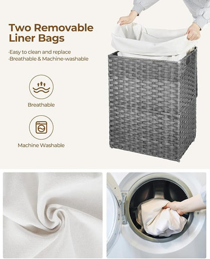 Greenstell Laundry Hamper with Lid, 90L Clothes Hamper with 2 Removable Liner Bags & 2 Mesh Laundry Bags, Handwoven Synthetic Rattan Laundry Basket for Clothes, Toys in Bathroom, Bedroom Grey