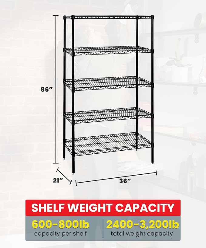 Quantum Storage Systems WR86-2136BK-5 Wire Shelving Starter Kit, 36" W x 21" D x 86" H, 600 lbs Capacity, Carbon Steel, Epoxy Coated, Black, NSF