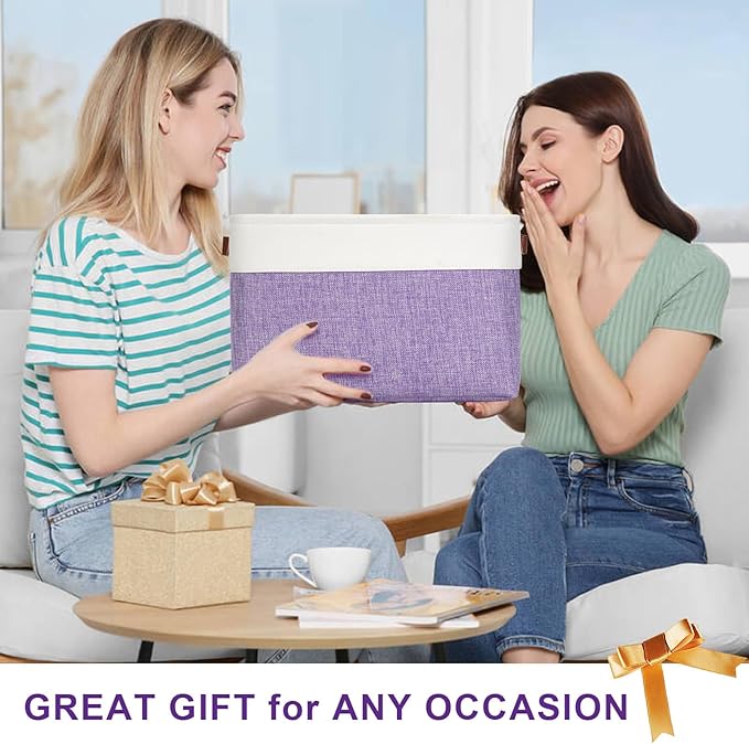 Bagnizer Storage Bins Large Fabric Storage Baskets for Shelves 3 Pack, Decorative Linen Closet Baskets with Handles for Organizing, Shelf, Clothes, Home, Office, 15x11x9.5Inches (Purple&White)
