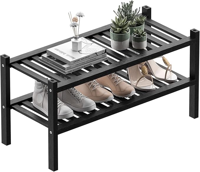 ROMGUAR CRAFT 2 Tier (Thick) Bamboo Shoe Rack for Closet Free Standing Wood Shoe Shelf for Entryway Small Space Stackable 27"x12"x14" (Black)