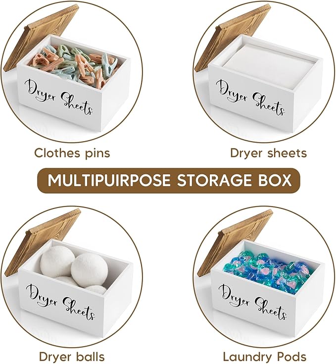 Wood Dryer Sheet Holder - Laundry Sheets Container with Lid - Farmhouse Laundry Room Organization and Storage for Laundry Room Decor and Accessories - Fabric Sheet Dispenser, White
