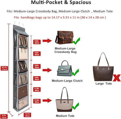 Lirex Over The Door Purse Organizer & Purse Shelf for Closet – Handbag Storage Organizer with Purse Hanger. Perfect for Scarves, Hats, and Leggings. L (15.7'' x 5.7'' x 68''), Grey