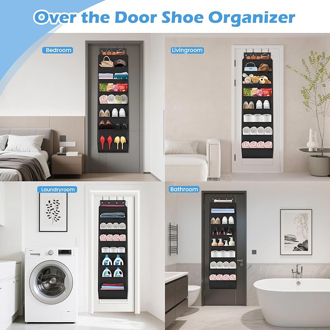 Over The Door Shoe Organizer Storage -8-Tier Shoe Rack for Boots/Sneakers/Closet, Heavy Duty Anti-Slip Hooks & Large Deep Pockets,Space Saving Hanging Shoe Organizers (Black)