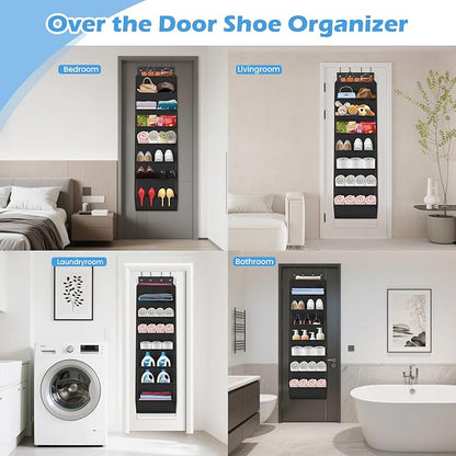 Over The Door Shoe Organizer Storage -8-Tier Shoe Rack for Boots/Sneakers/Closet, Heavy Duty Anti-Slip Hooks & Large Deep Pockets,Space Saving Hanging Shoe Organizers (Black)