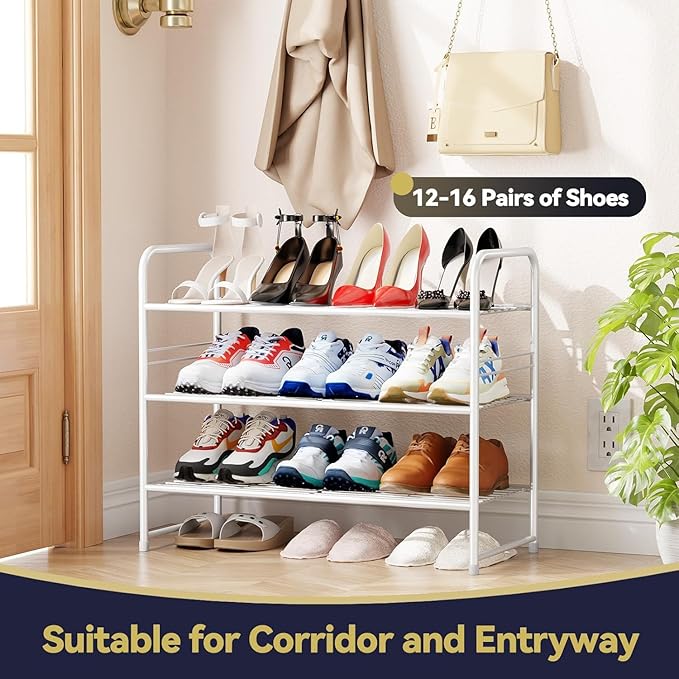 Simple Shoe Rack, 3 Tier Heavy Duty Metal Shoe Shelf 27 Inch Wide, White