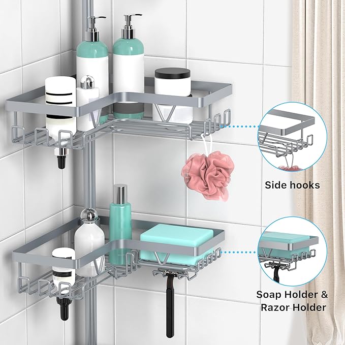 KEGII 4-Tier Corner Shower Caddy Tension Pole - Adjustable Shower Tension Rod Organizer, Floor to Ceiling Shower Caddy 25-114.2 inch, Shower Towel Rack Corner Waterproof, Light Gray