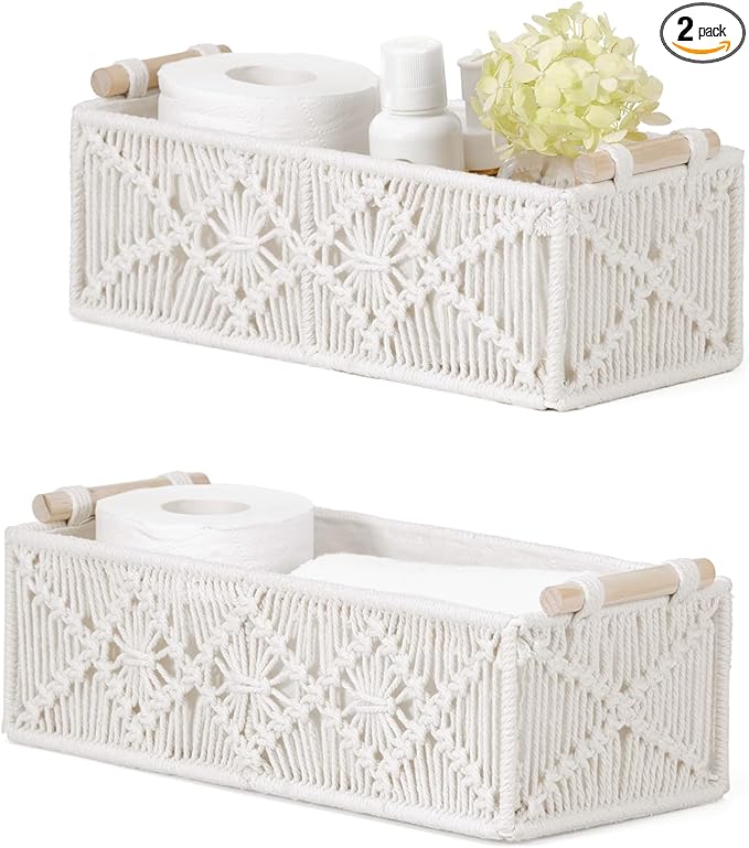 Nonam Macrame Storage Baskets, Boho Decor Style Woven Storage Boxes for Home Organization, Toilet Tank Shelf Cabinet Organizer Baskets,Set of 2- Warm White-X