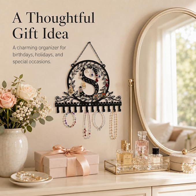 Wall-Mounted Metal Initial Letter S Earring Holder Hanging Jewelry Organizer for Earrings and Necklaces Space-Saving Wall Display with Hooks for Jewelry Storage