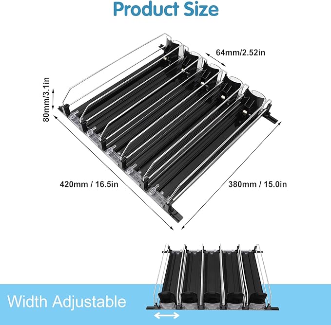 Drink Organizer for Fridge, 18.9x15.0x3.1in Soda Can Dispenser for Refrigerator, 5 Rows Adjustable Automatic Pusher Glide Drink Dispenser for Beer Beverages (Black)