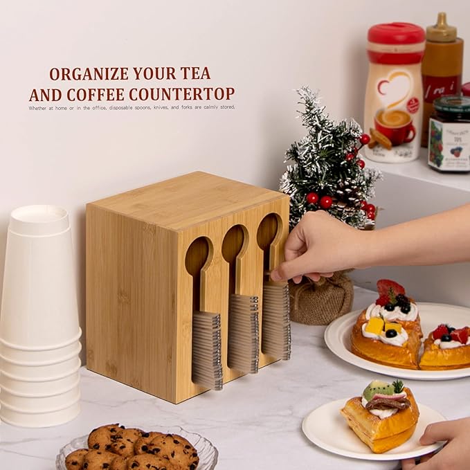 ANBOXIT Bamboo Utensil Dispenser for Spoons and Forks, Plastic Utensil Holder Station with 3 Compartments, Plastic Silverware Dispenser, Cutlery Organizer for Party, Wedding, Church and Breakroom