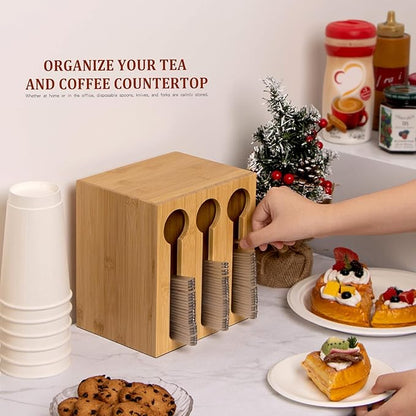 ANBOXIT Bamboo Utensil Dispenser for Spoons and Forks, Plastic Utensil Holder Station with 3 Compartments, Plastic Silverware Dispenser, Cutlery Organizer for Party, Wedding, Church and Breakroom