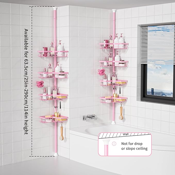 KEGII Shower Caddy Tension Pole, 4-Tier Rustproof Adjustable Corner Bathroom Organizer for Renters, 25–114.2 Inch No Drill Space-Saving Shower Storage Rack, Pink