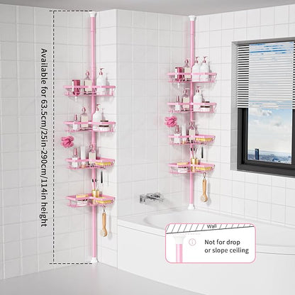 KEGII Shower Caddy Tension Pole, 4-Tier Rustproof Adjustable Corner Bathroom Organizer for Renters, 25–114.2 Inch No Drill Space-Saving Shower Storage Rack, Pink