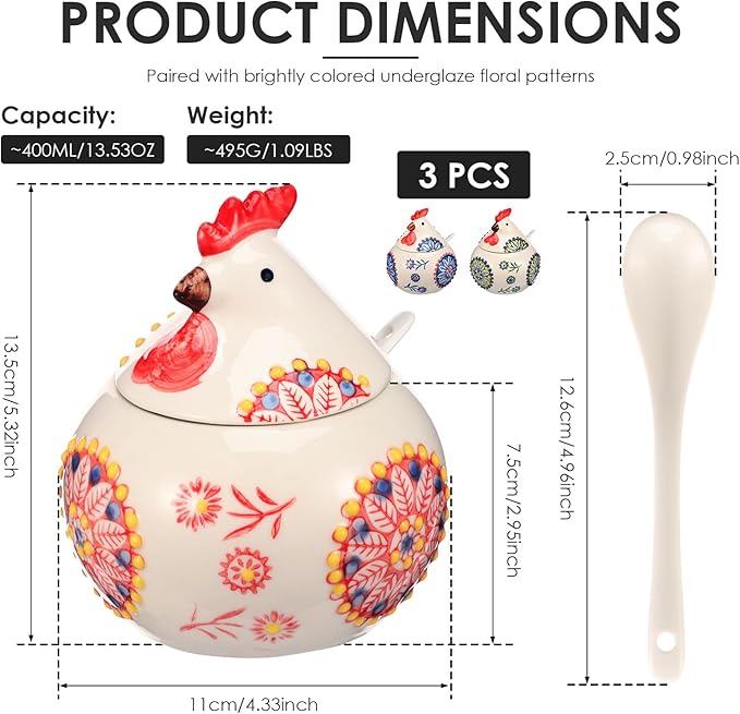 3 Pack Ceramic Salt Cellar with Lid and Spoon, 13.5oz Salt Container Kitchen Countertop Salt Holder Spice Jar for Sugar, Pepper, Seasonings