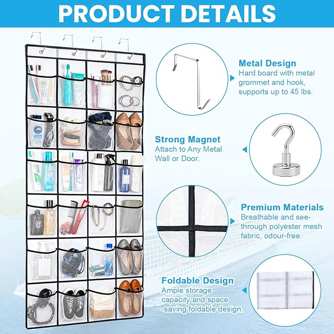 Cruise Essentials 2026 Over The Door Organizer For Cruise Ship 24 Pocket Magnetic Door Organizers with 4 Metal Hooks and 4 Strong Magnets Door Organizer Hanging for Cabin Behind Door Storage Organizer