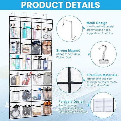 Cruise Essentials 2026 Over The Door Organizer For Cruise Ship 24 Pocket Magnetic Door Organizers with 4 Metal Hooks and 4 Strong Magnets Door Organizer Hanging for Cabin Behind Door Storage Organizer