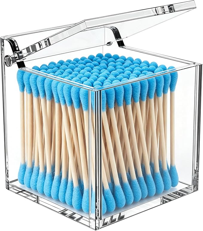 Qtip Holder Dispenser for Cotton Swabs, Balls, Pads, Floss Picks, Clear Acrylic Container with Lid Apothecary Jar Bathroom Accessories Canister Vanity Storage Organizer