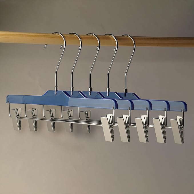 Acrylic Clip-Hangers Blue for Pants, Skirts and Shorts with 360 Degree Silver/Golden Hook | Space Saving & Non-Slip | 5 Pack