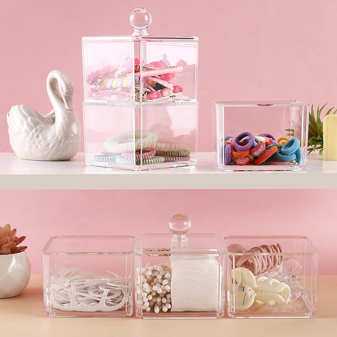 BLVRYVIO Hair Accessories Organizer for Girls, Clear 3 Stackable Acrylic Hair Tie Organizer for Headband, Bows, Cotton Swab Organization, Bathroom Containers Hair Clip Holder Storage with Lids