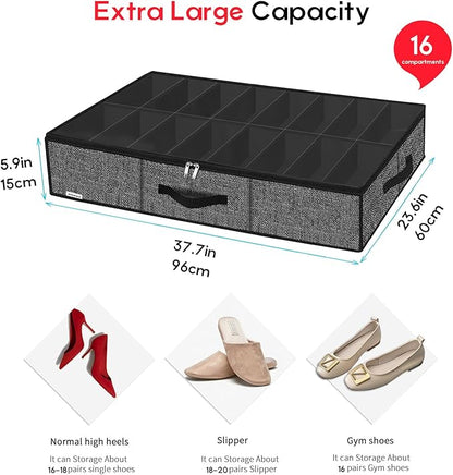 Onlyeasy Sturdy Under Bed Shoe Storage Solution Organizer For Closet Fit 16x2 Pairs, Underbed Shoes Container Bags with Reinforced Handles, Breathable, Linen-like Black, MXAUBS16P2