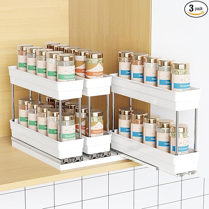 Mystozer Pull Out Spice Rack Organizer for Cabinet, Slide Out Spice Racks Organizer, Easy to Install Spice Cabinet Organizers, 2.3''Wx10.66''Dx8.11''H, 3 Packs-2 Tiers (White)