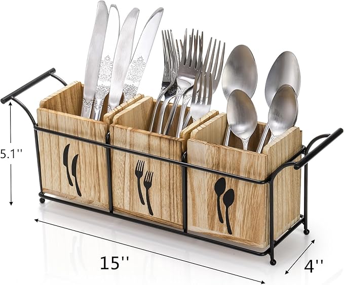 Tebery Wooden Utensil Holder for Party, Large Countertop Flatware Cutlery Caddy with Handle, 3 Detachable Compartment Silverware Cooking Organizer with Metal Tray for Fork, Spoon, Knives