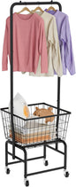 Rolling Laundry Cart with Wheels, Laundry Hamper Basket Organizer with Clothes Hanging Rack, Wire Storage Cloth Shelf Butler, Black