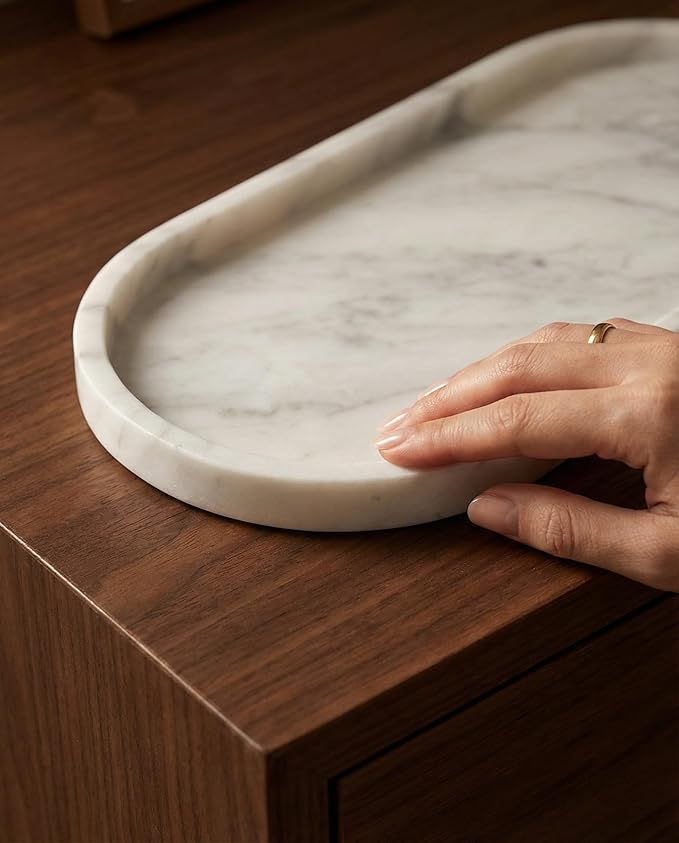 OOBOOB Oval Natural Marble Bathroom Tray for Decor Countertop, Marble Vanity Tray for Candles Perfume, Jewelry, Cosmetics, Elegant Vanity Organizer for Jewelry, Perfume