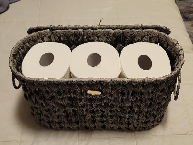 Coeusy Toilet Paper Storage Basket with Lid,Wicker Toilet Paper Holder Stand,Narrow Decorative Woven Bathroom Basket Organizer,Free Standing Grey