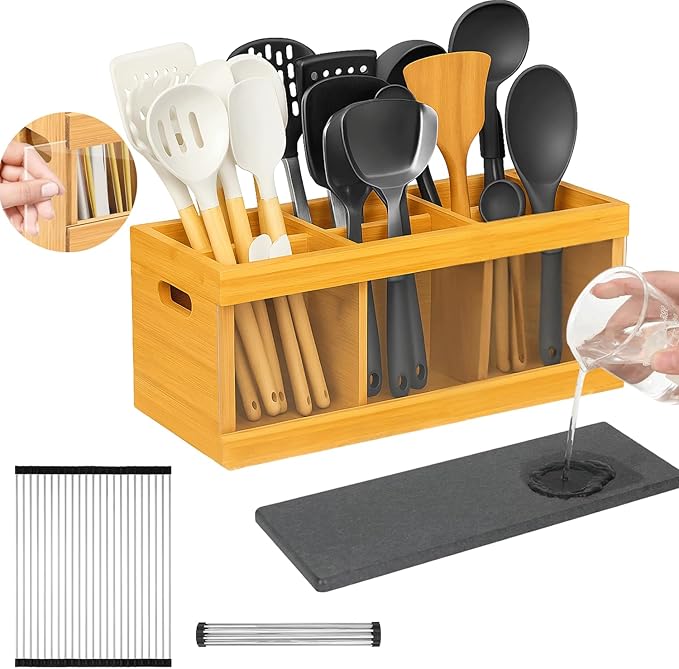 2 in 1 Kitchen Utensil Holder with Over Sink Dish Drying Rack, Bamboo Utensil Holder for Kitchen Countertop – Large Cooking Utensil Organizer & Silverware Caddy with 6 Compartments with Drying Stone