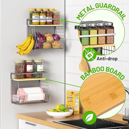 Magnetic Shelf for Fridge with Wood Lid, Fruit Potato and Onion Storage Bins, Pantry Organizers & Storage, Large Container Magnetic Spice Rack for Refrigerator, Kitchen Counter (Silver-gray, 1)