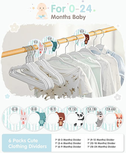 VIS'V Baby Hangers, 11 Inch Velvet Kids Hangers with 6 Pcs Clothes Size Dividers, Infant Toddler Nursery Closet Organization, Non Slip, White, 30 Pcs