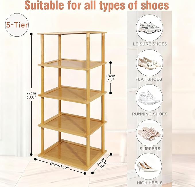 Aniston 5 Tier Small Shoe Rack Bamboo, Free Standing Slim Narrow Shoe Storage, Vertical Tall Shoe Shelf Organiser for Garage, Closet, Doorway, Corner, Living Room Small Spaces