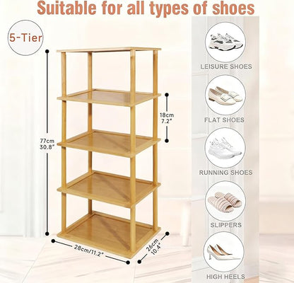 Aniston 5 Tier Small Shoe Rack Bamboo, Free Standing Slim Narrow Shoe Storage, Vertical Tall Shoe Shelf Organiser for Garage, Closet, Doorway, Corner, Living Room Small Spaces