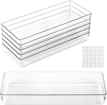 6 Pcs Large Clear Plastic Drawer Organizers Tray 15" x 6.3" Storage Bins with 25 Pcs Non-Slip Pads for Makeup, Jewelries, Kitchen Utensils, Bathroom and Office