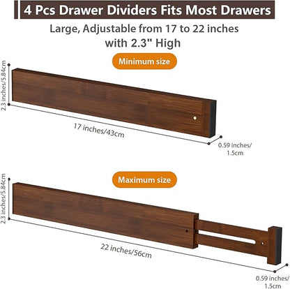 DUCOO 4 PCS Drawer Divider, 17"-22" Adjustable Bamboo Drawer Dividers Organizers, 2.3" High Expandable Separators for Kitchen, Clothes, Dressers, Home, Office, Mocha