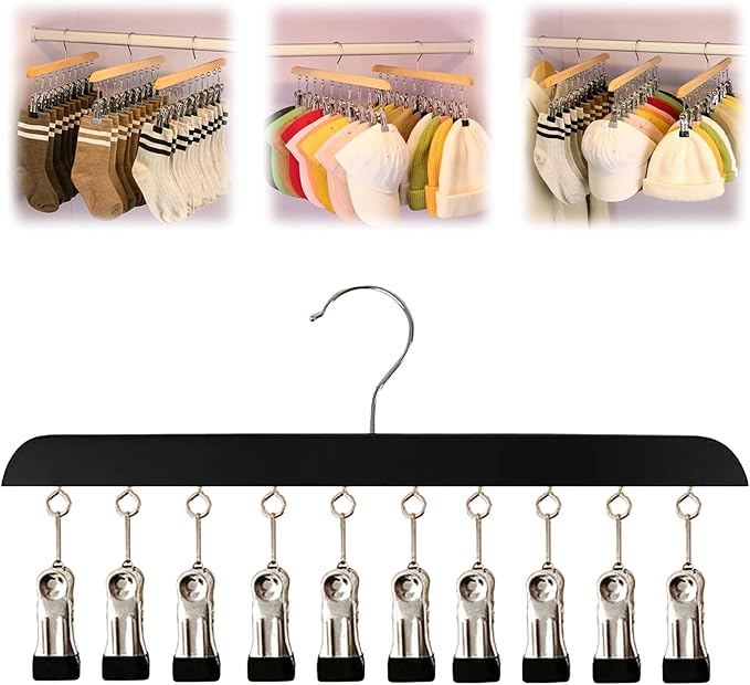 Closet Organizer with 10 Clips, 2026 New Space Saving Hanging Closet Organizer, Hat Scarf Clothespins for Legging Jeans Skirts Socks Pant Hangers (Black-10 Clips, 1 Pcs)